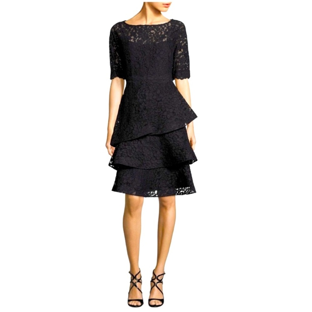 Rickie Freeman by Teri Jon EXQUISITE Black Lace Tiered Cocktail Dress Size 4